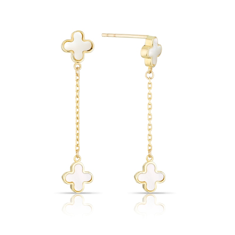 9ct Yellow Gold Mother Of Pearl Clover Drop Earrings