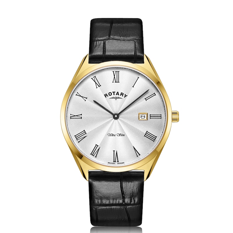 Rotary  Ultra Slim Men's Gold Tone Case Black Leather Strap Watch
