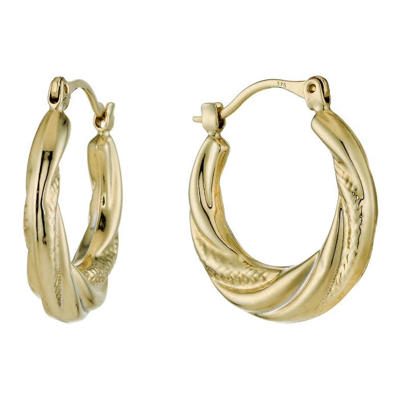 9ct Yellow Gold Ribbed 12mm Hoop Earrings