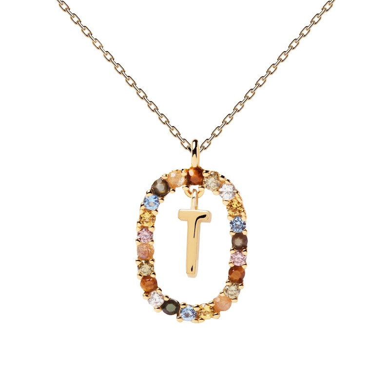 PDPAOLA  18ct Gold Plated Gemstones Initial T Pendant