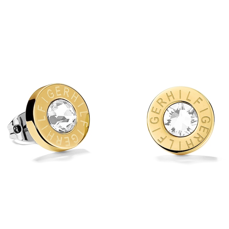 Tommy Hilfiger Crystal Logo Gold Tone Stud Earrings