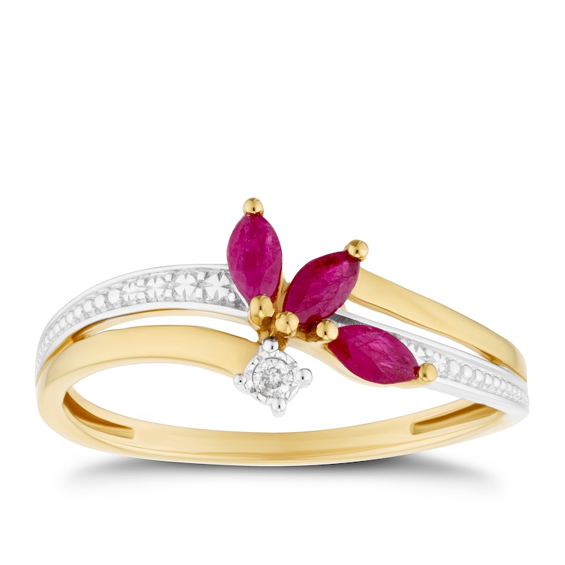 9ct Yellow Gold Ruby & Diamond Leaf Ring