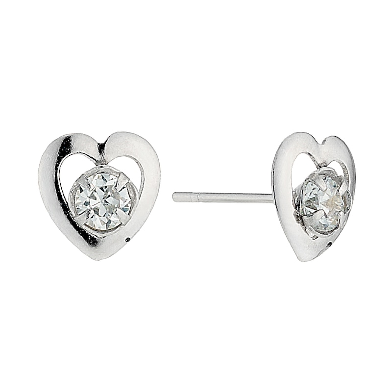 9ct White Gold Small Cubic Zirconia Heart Stud Earrings