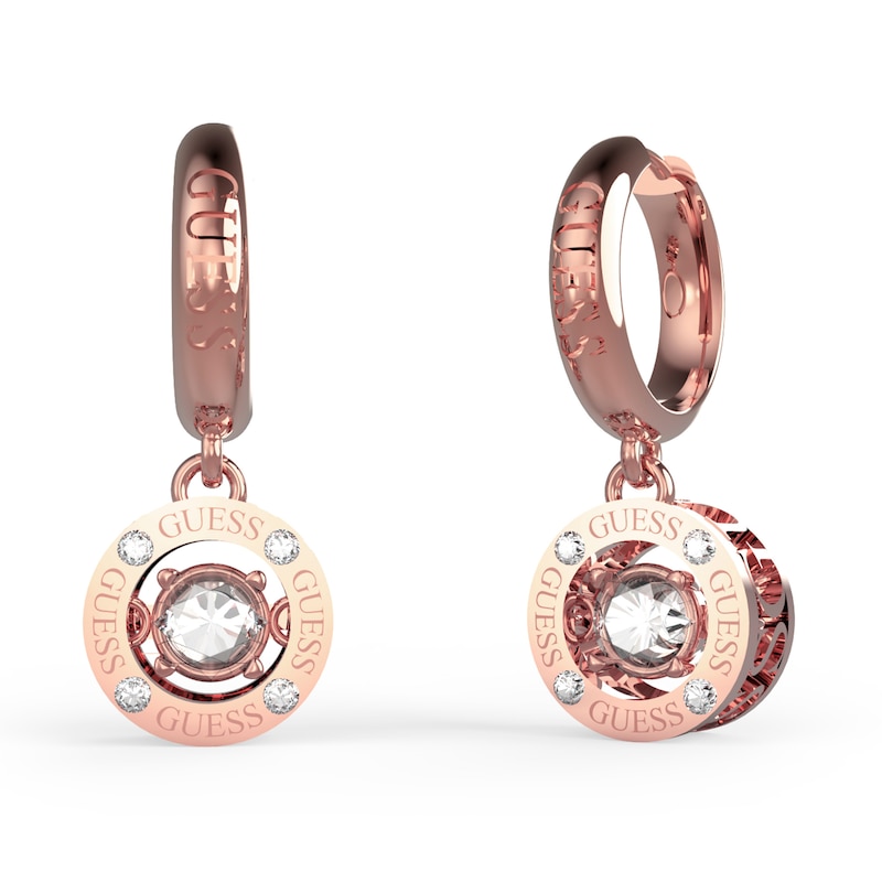 Guess Rose Gold Plated Crystal Logo Charm Drop Earrings