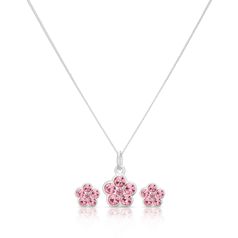 Children's Silver Pink Crystal Flower Pendant & Earrings Set