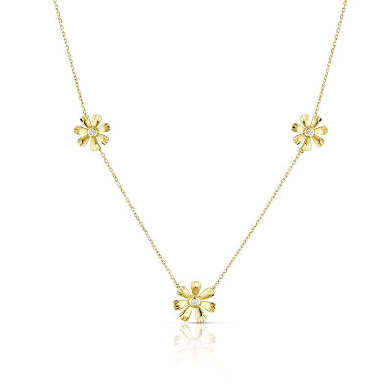 9ct Yellow Gold Cubic Zirconia Flower Station Necklace