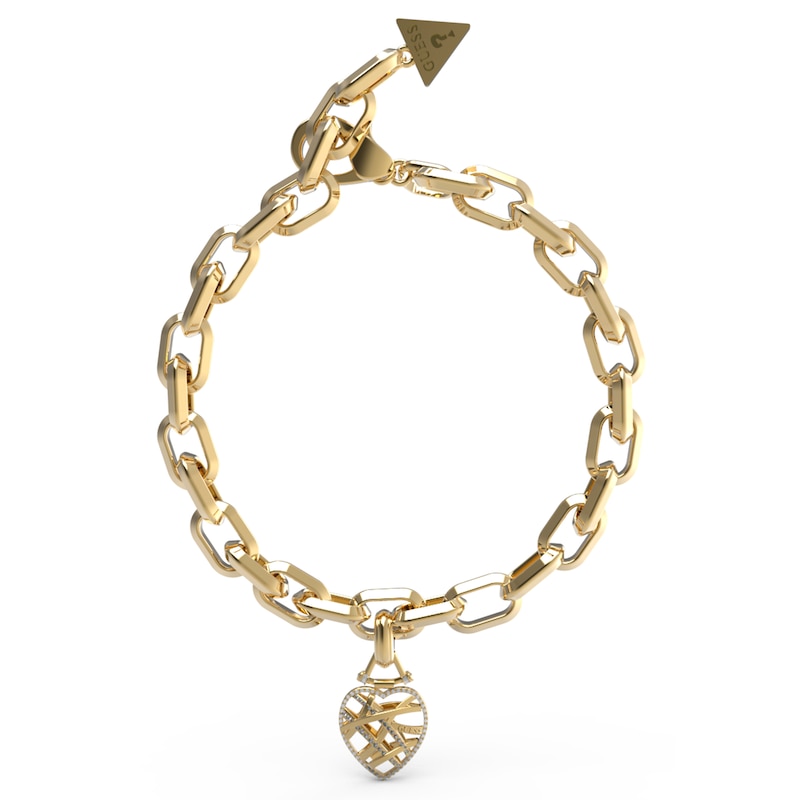 Guess Gold Plated Crystal Heart Cage Charm Bracelet