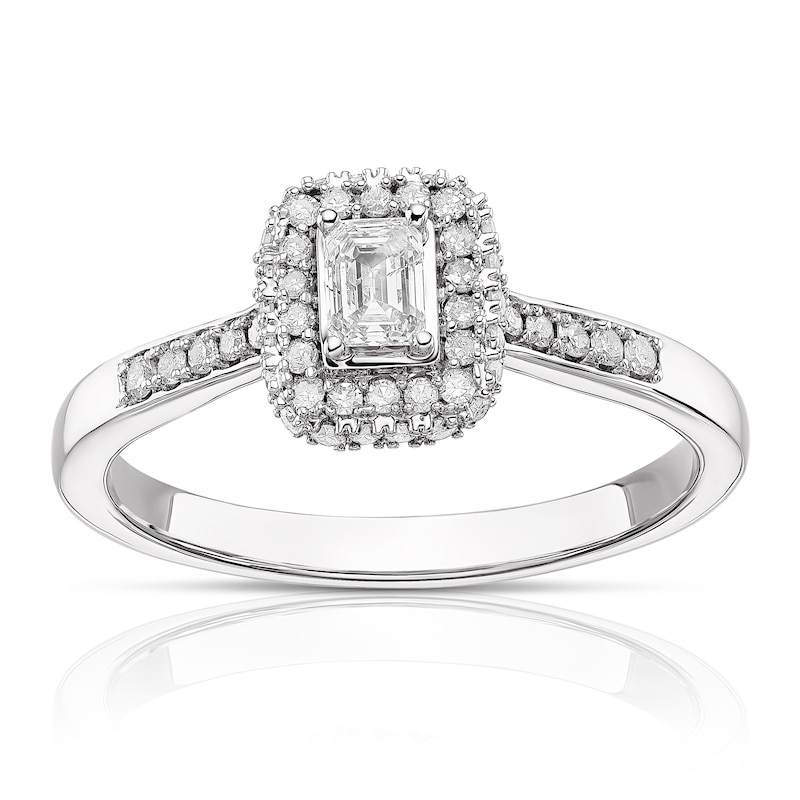 9ct White Gold 0.40ct Total Diamond Emerald Cut Halo Ring