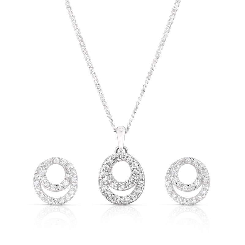 Sterling Silver Cubic Zirconia Double Circle Pendant & Earring Set