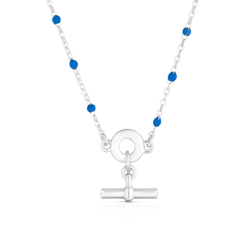 Sterling Silver Blue Bead Mini T-Bar Pendant Choker Necklace