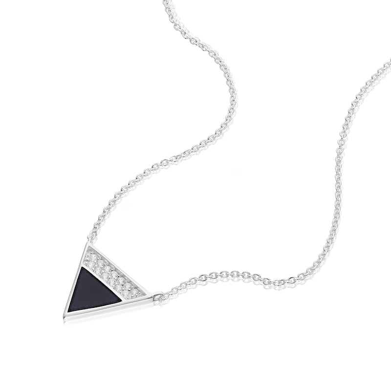 Sterling Silver Half Cubic Zirconia & Onyx Triangle Pendant Necklace