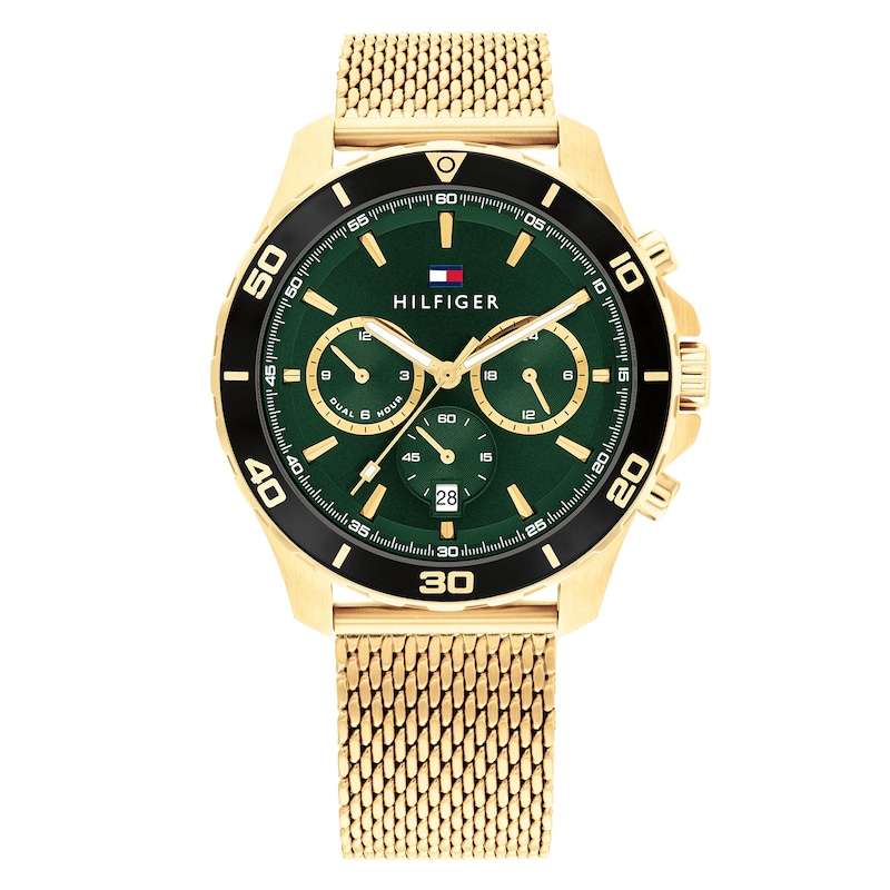 Tommy Hilfiger Men's Green Chronograph Dial Gold Tone Mesh Bracelet Watch