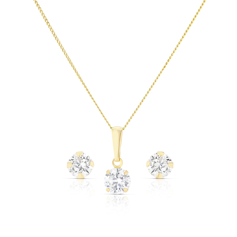 9ct Yellow Gold Cubic Zirconia Solitaire Pendant And Earrings Jewellery Set