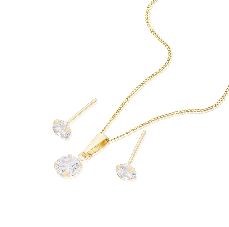 9ct Yellow Gold Cubic Zirconia Solitaire Pendant And Earrings Jewellery Set
