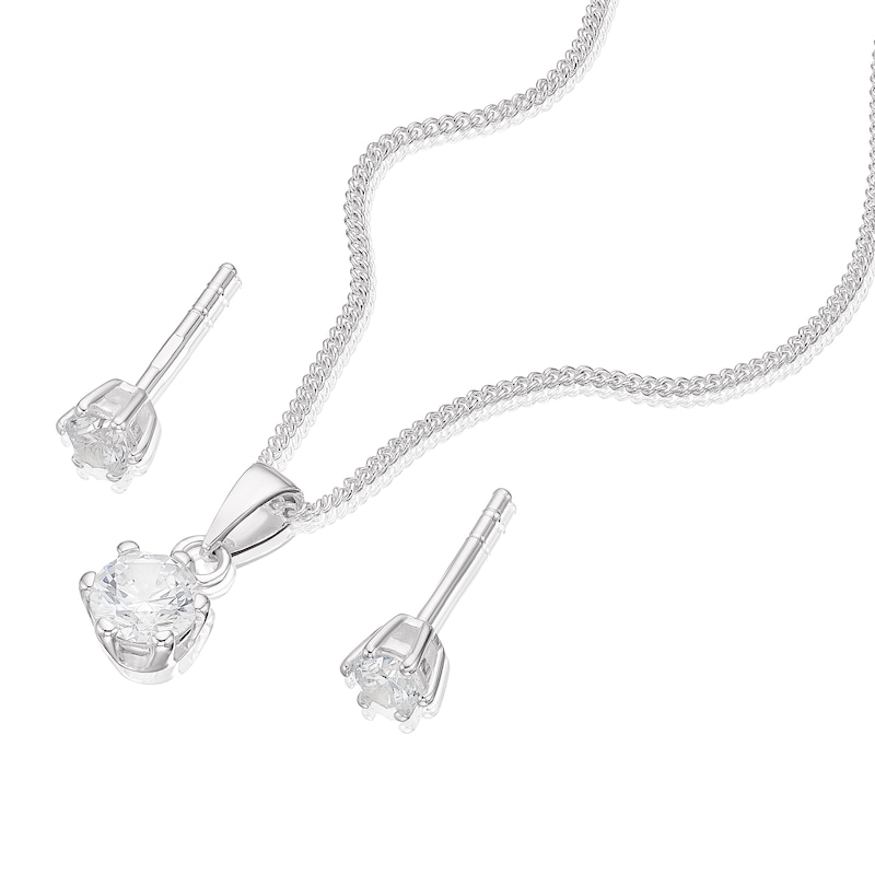 Sterling Silver Cubic Zirconia Solitaire Pendant And Earring Jewellery Set