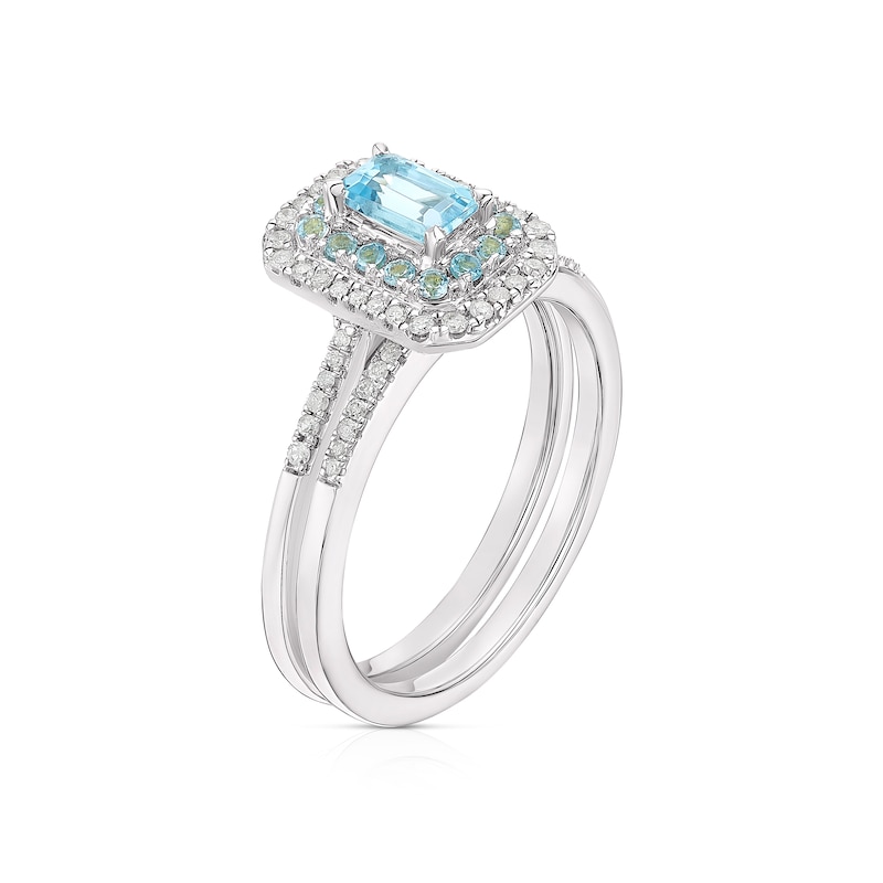 Perfect Fit 9ct White Gold Blue Topaz Double Halo 0.15ct Diamond Bridal Set