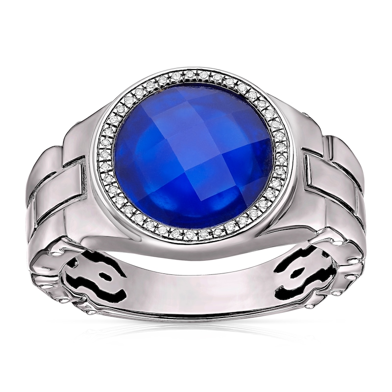 Men's Sterling Silver Synthetic Blue Onyx Diamond Detail Signet Ring