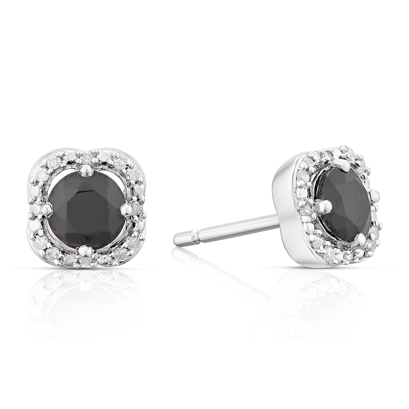 Sterling Silver Black Onyx Diamond Clover Shape Halo Stud Earrings