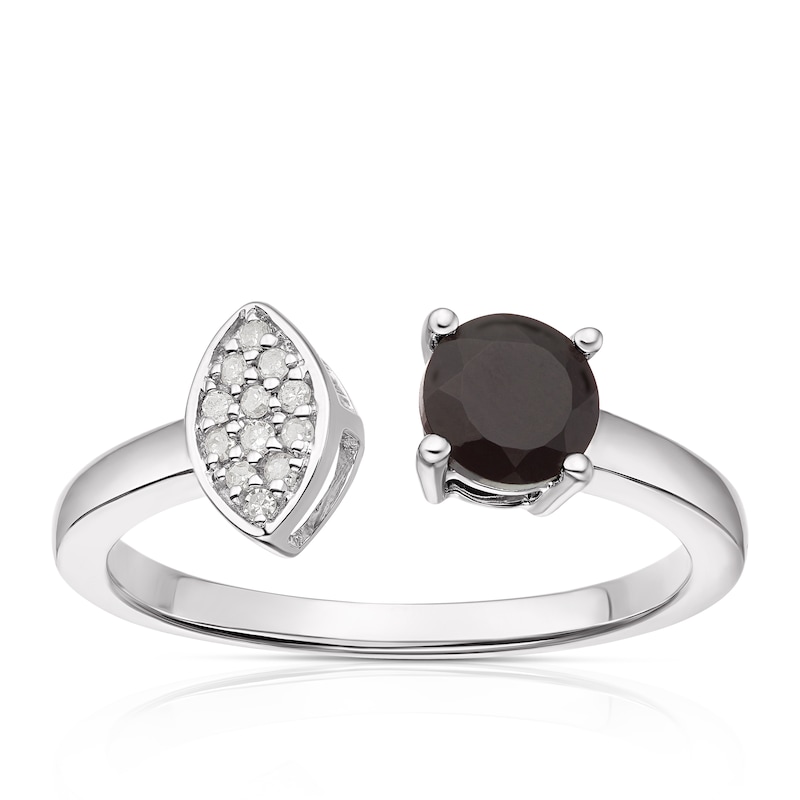 Sterling Silver Black Onyx Diamond Round Cut Two Stone Ring