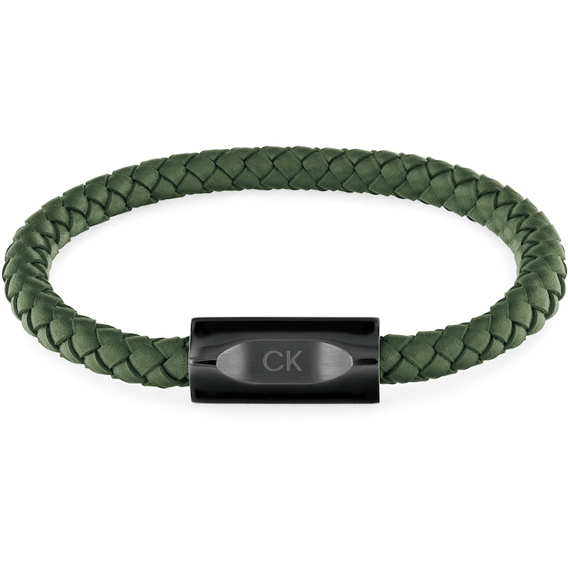 Calvin Klein Men's Plaited Green Leather & Stainless Steel Minimalistic Bracelet