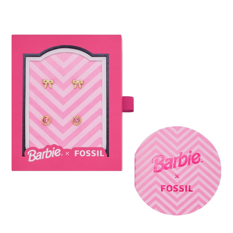 Fossil X Barbie Limited Edition Gold Tone Pink Crystal & Bow Earrings Set