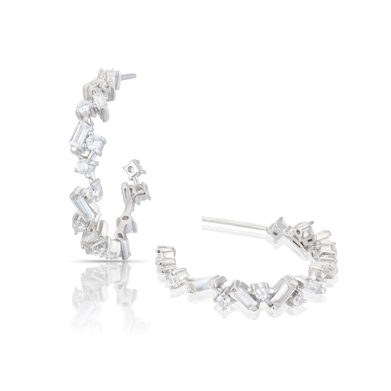 Emmy London Platinum Plated Sterling Silver Round and Baguette-Shaped Cubic Zirconia Cluster Slim Hoop Earrings