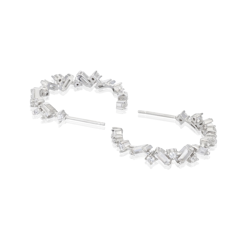 Emmy London Platinum Plated Sterling Silver Round and Baguette-Shaped Cubic Zirconia Cluster Slim Hoop Earrings