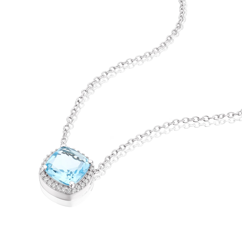 Emmy London Platinum Plated Sterling Silver Light Blue Cushion-Shaped Glass Stone and Round Cubic Zirconia Halo Pendant Necklace