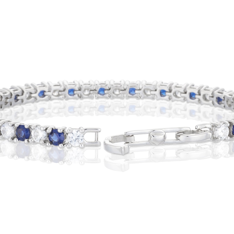Emmy London Platinum Plated Sterling Silver Blue and Clear Round-Shaped Cubic Zirconia Stones Tennis Bracelet