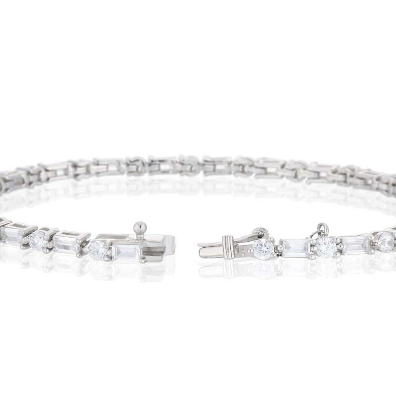 Emmy London Platinum Plated Sterling Silver Baguette and Round-Shaped Cubic Zirconia Stones Tennis Bracelet