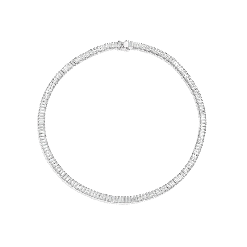 Emmy London Platinum Plated Sterling Silver Baguette-Shaped Cubic Zirconia Tennis Necklace