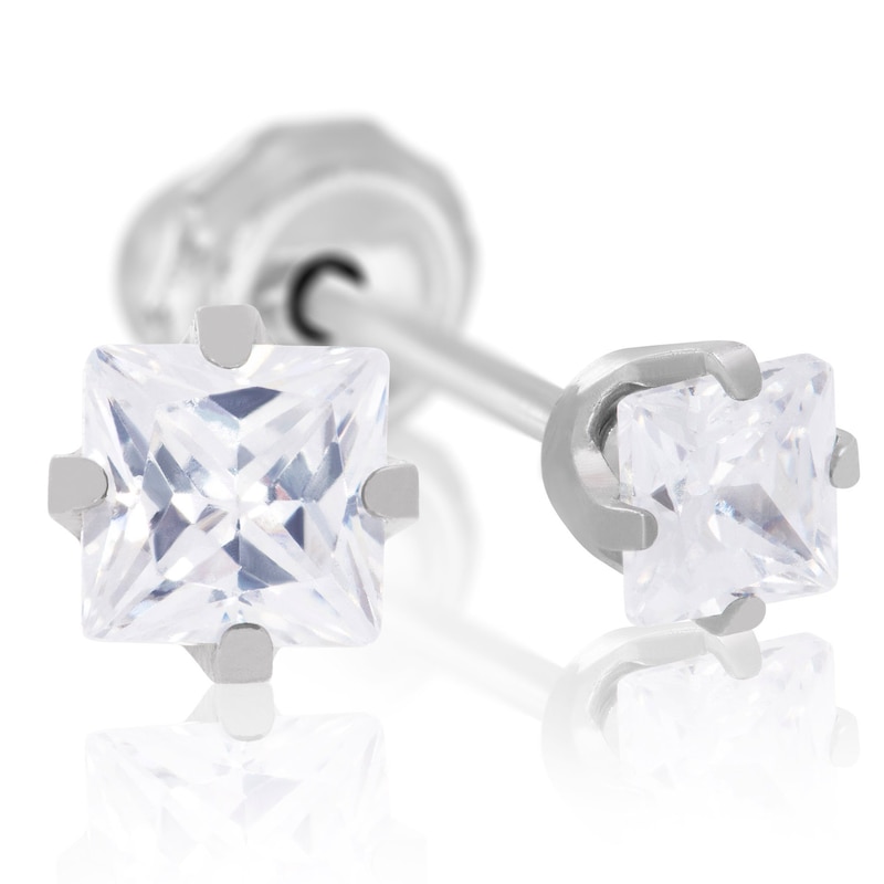 14ct White Gold 3mm Square CZ Studs For Ear Piercing