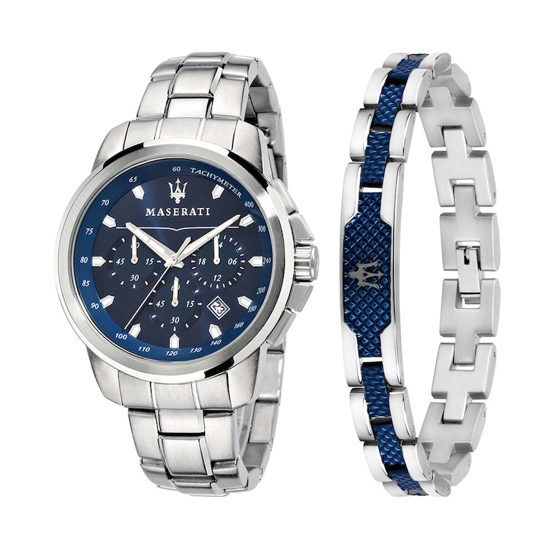 Maserati Successo Men's Blue Dial Stainless Steel Bracelet Watch & Blue Detail Chain Bracelet Set