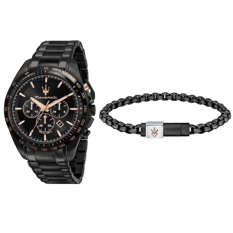 Maserati Traguardo Men's Black Bracelet Watch & Black Chain Bracelet Set