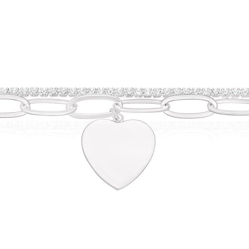 Sterling Silver Cubic Zirconia Tennis Strand & Chain Heart Bracelet
