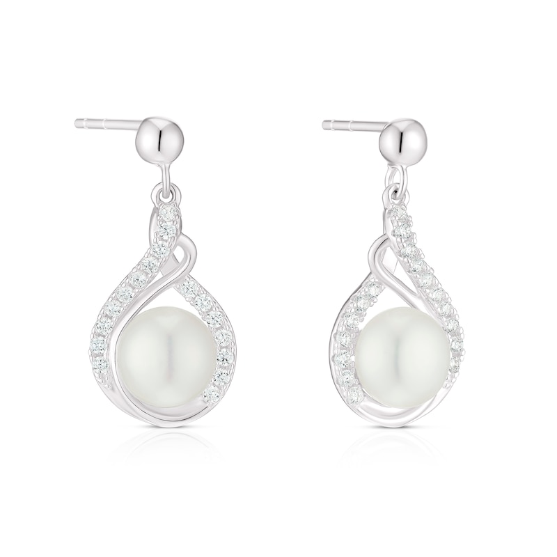 Sterling Silver CZ & Cultured Freshwater Pearl Swirl Drop Earrings