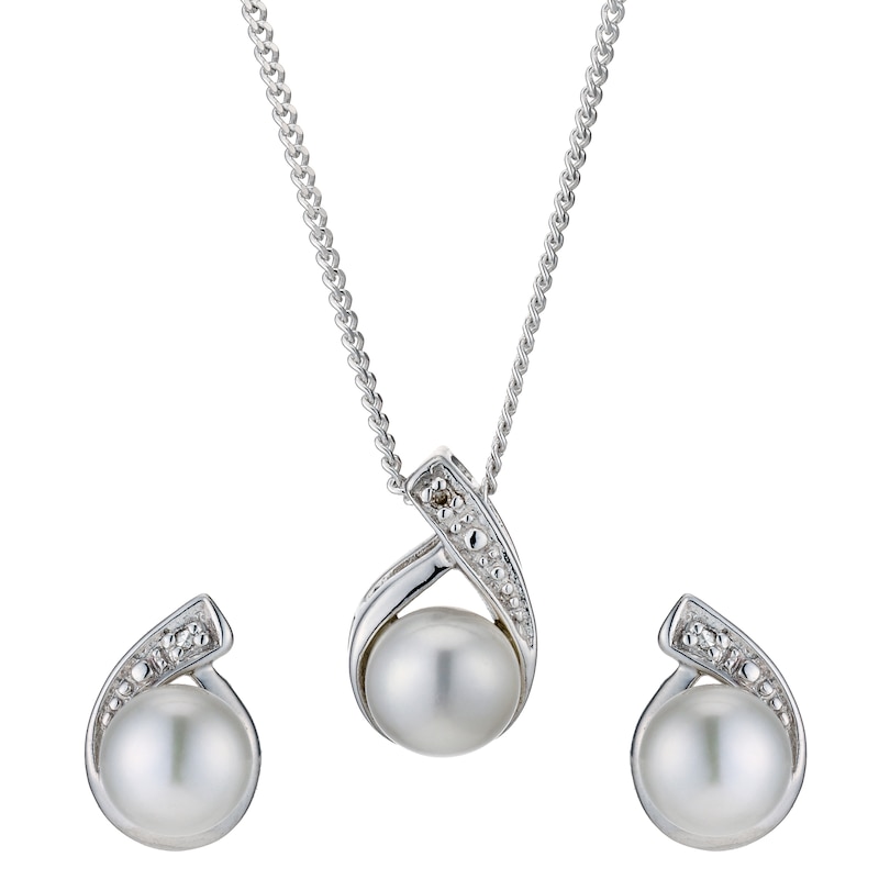 Silver Diamond & Cultured Pearl Pendant & Earrings Set