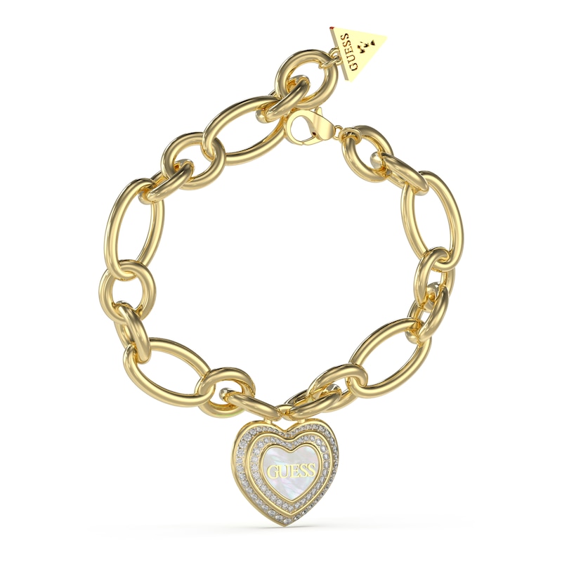 Guess Gold Tone MOP & Crystal Heart Charm 7.2 Inch Bracelet