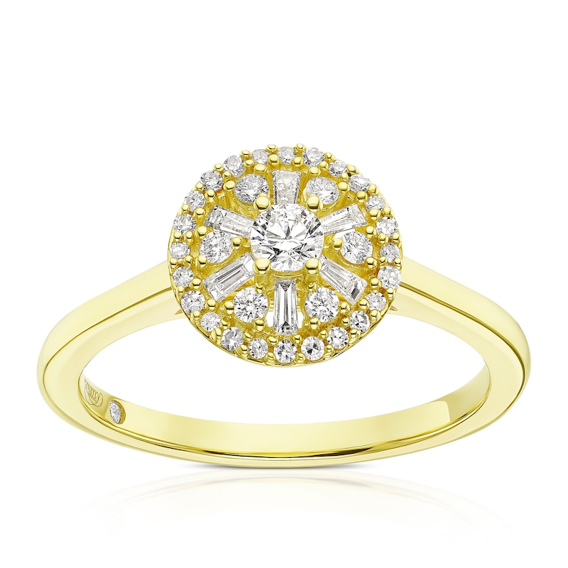 Emmy London 9ct Yellow Gold 0.33ct Diamond Round & Baguette Cluster Halo Ring