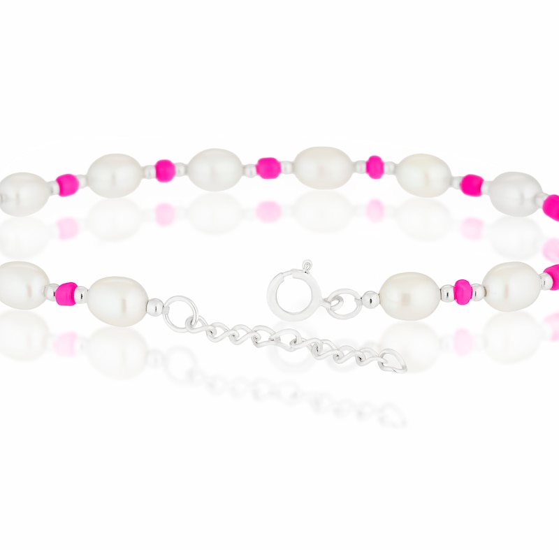 Sterling Silver Freshwater Pearl & Pink Beaded 6.5+1 Inch Bracelet