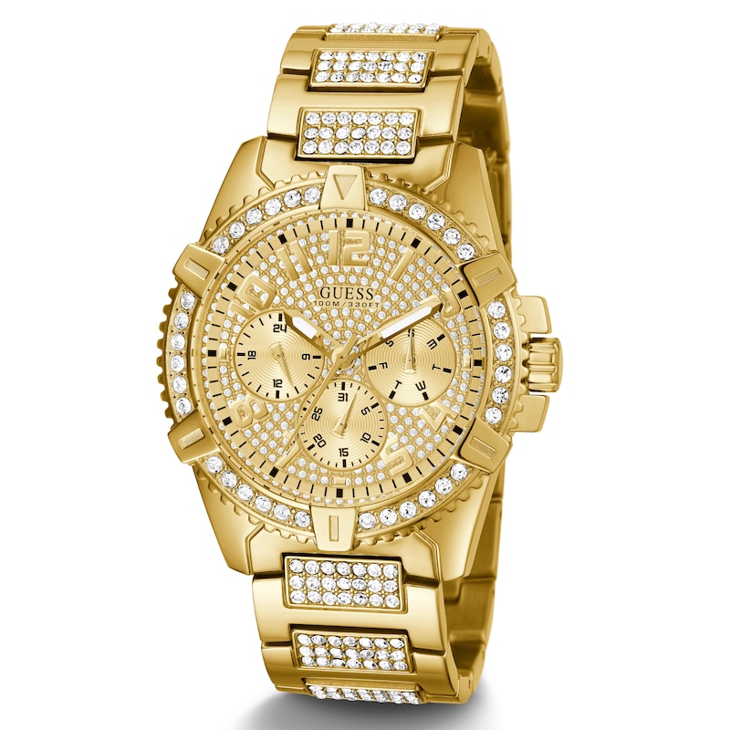 Guess Men's Crystal Dial Gold Tone Stone Set Bracelet Watch