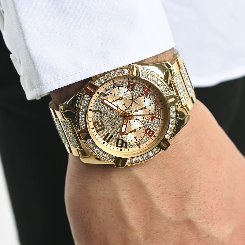 Guess Men's Crystal Dial Gold Tone Stone Set Bracelet Watch