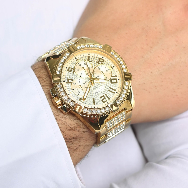 Guess Men's Crystal Dial Gold Tone Stone Set Bracelet Watch