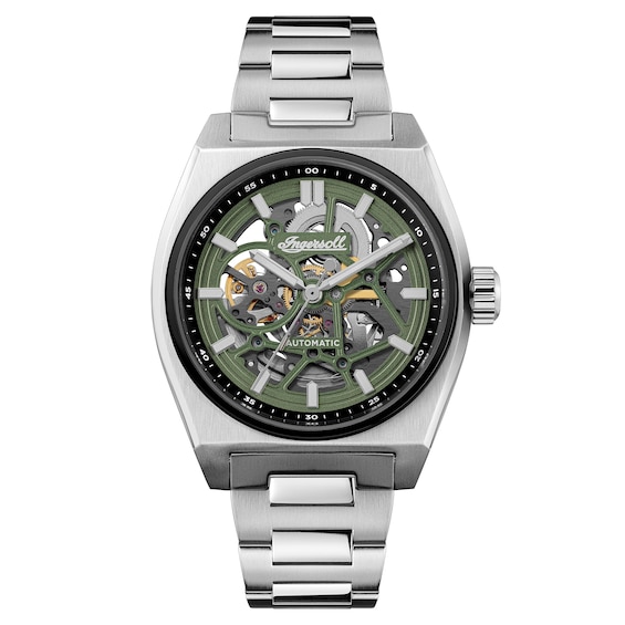 Ingersoll Vert Mens Automatic Green Dial Skeleton Stainless Steel Watch