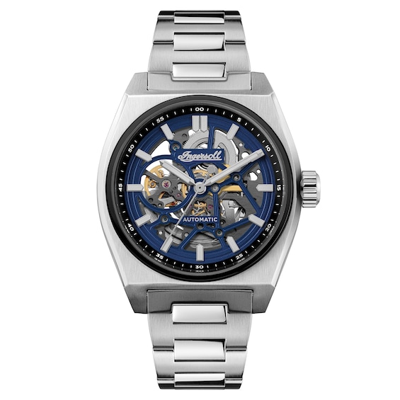 Ingersoll Vert Mens Automatic Blue Dial Skeleton Stainless Steel Watch