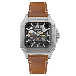 Ingersoll Men's Automatic Black Square Skeleton Dial Brown Leather Strap Watch
