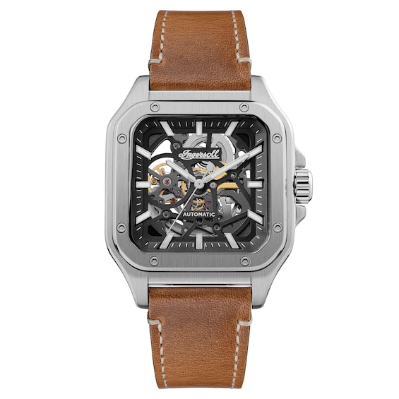 Ingersoll Mens Automatic Black Square Skeleton Dial Brown Le