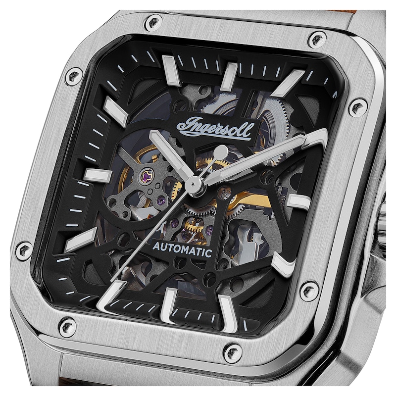 Main Image 2 of Ingersoll Men's Automatic Black Square Skeleton Dial Brown Leather Strap Watch
