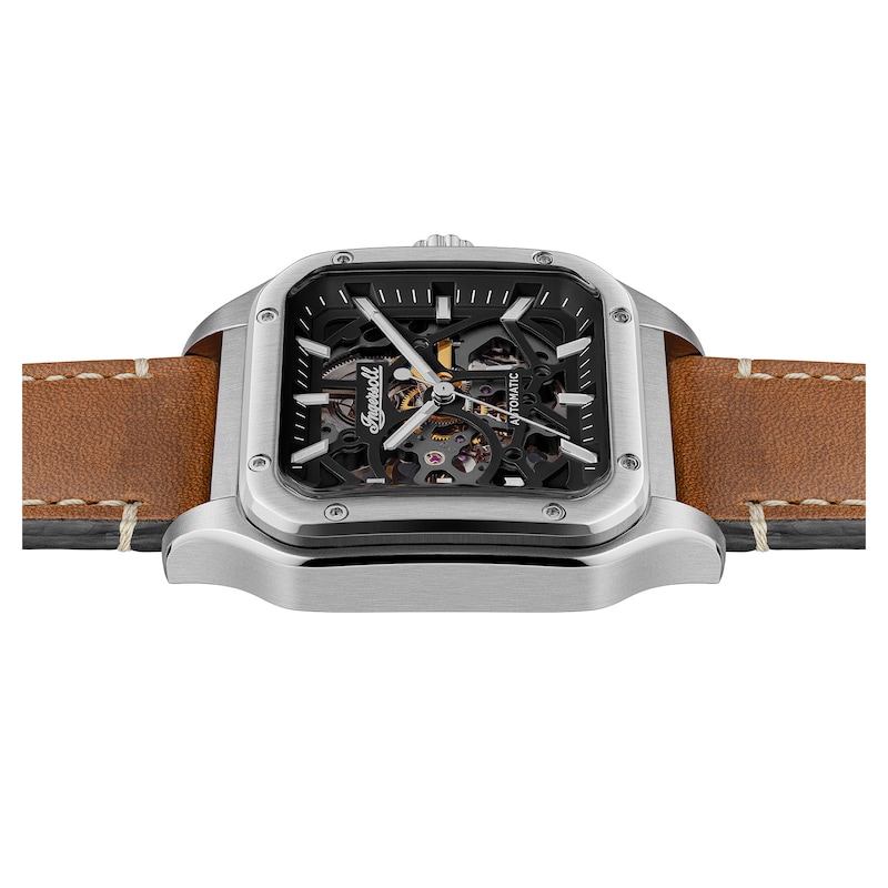 Main Image 4 of Ingersoll Men's Automatic Black Square Skeleton Dial Brown Leather Strap Watch