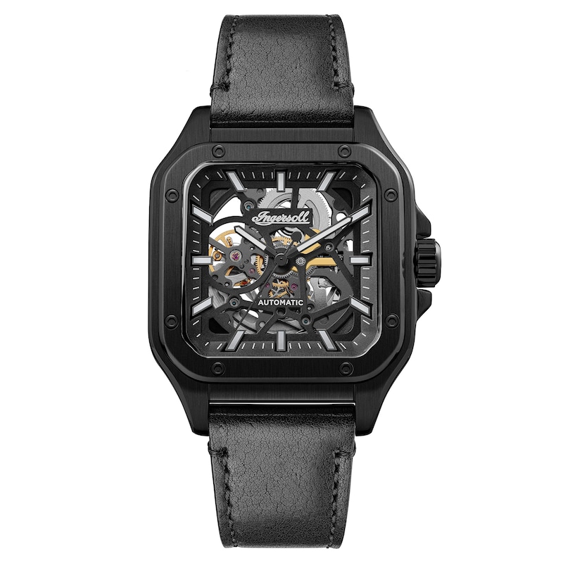 Main Image 1 of Ingersoll Men's Automatic Black Square Skeleton Dial Black Leather Strap Watch